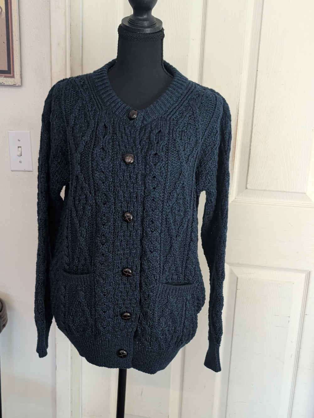 Aran Sweater Market Wool Cardigan Navy  Fisherman Sweater L Women Ireland